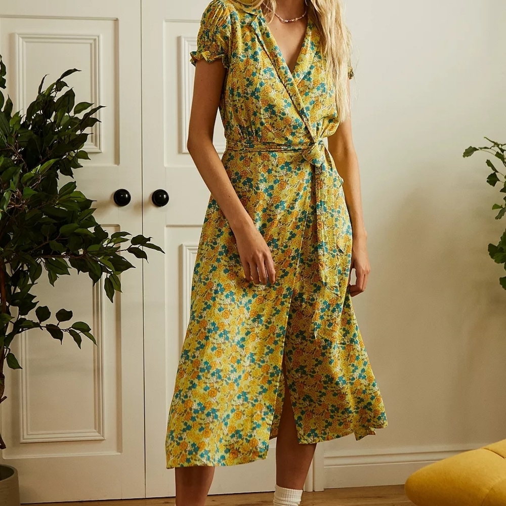Urban Outfitters Yellow and Blue Floral Midi Dress